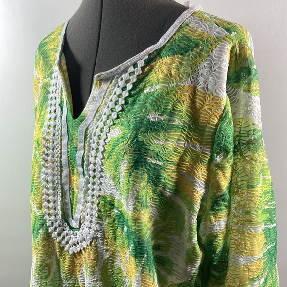 Alford Dunner Top Women Size Large Green & Yellow Long Sleeve V Neck - Picture 4 of 9